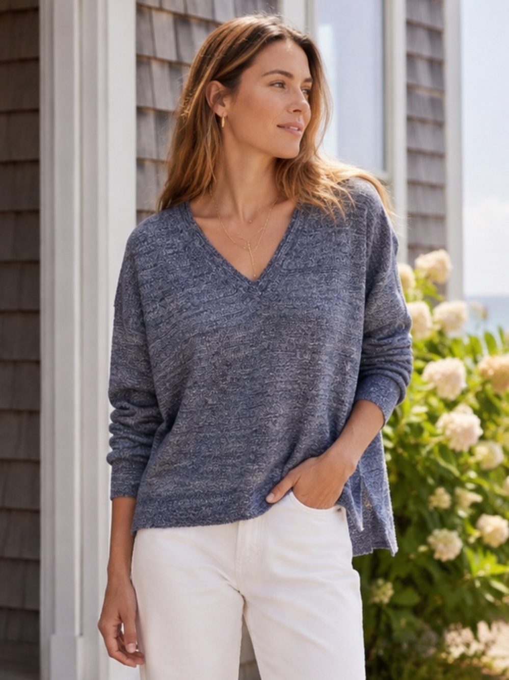 J.Crew Merino Linen Double V Neck Knit Top Sweater Blue Relaxed Small